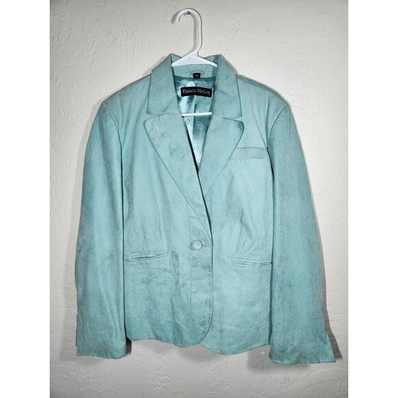 Pamela McCoy Collections Women Size L Genuine Leather Aqua Colored Jacket - Picture 1 of 14
